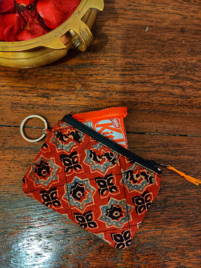 Red ajrakh block printed coin pouch with attached keychain