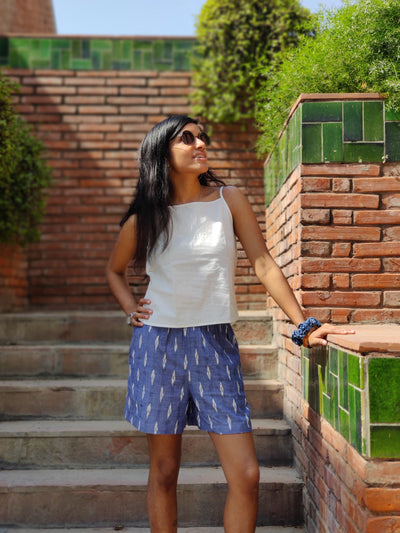 Handwoven ikat cotton shorts with elastic waist and pockets